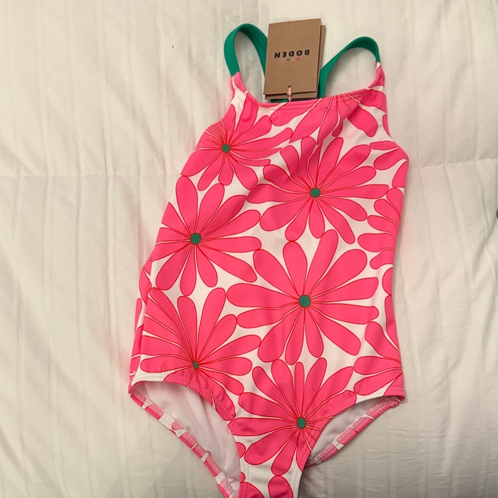 Boden Pink Floral Daisy One-Piece Swimsuit with Green Straps